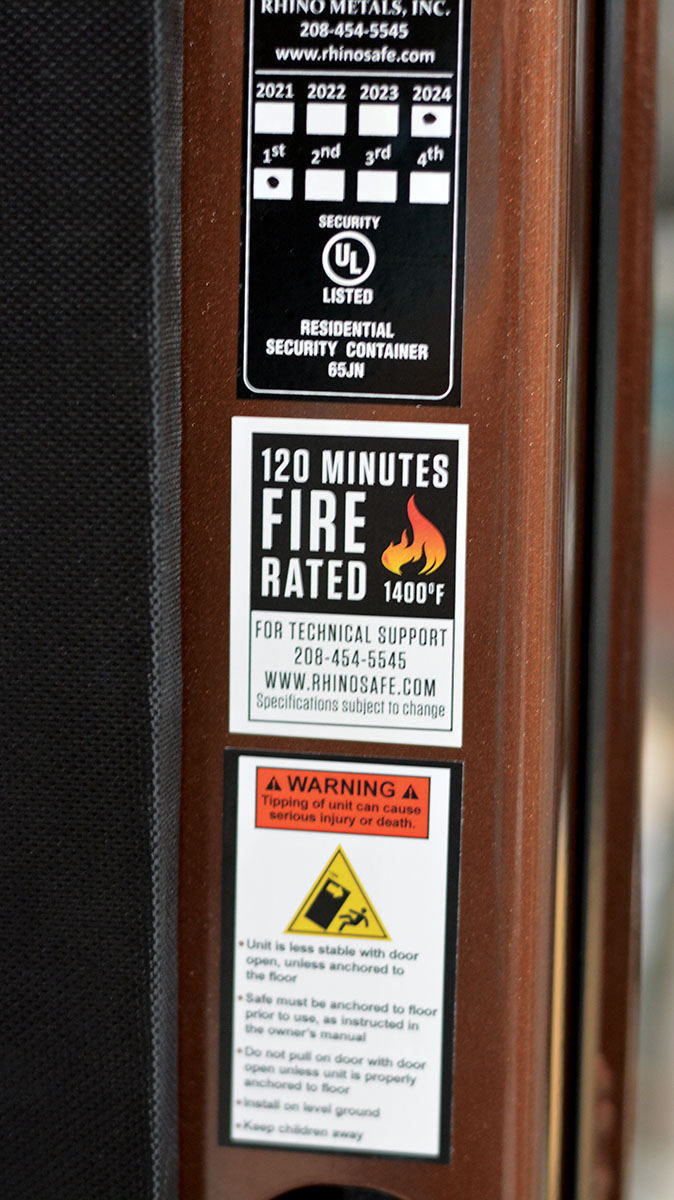 UL fire protection ratings are usually found inside the safe’s door, with this one showing 120 minutes at 1,400 degrees.